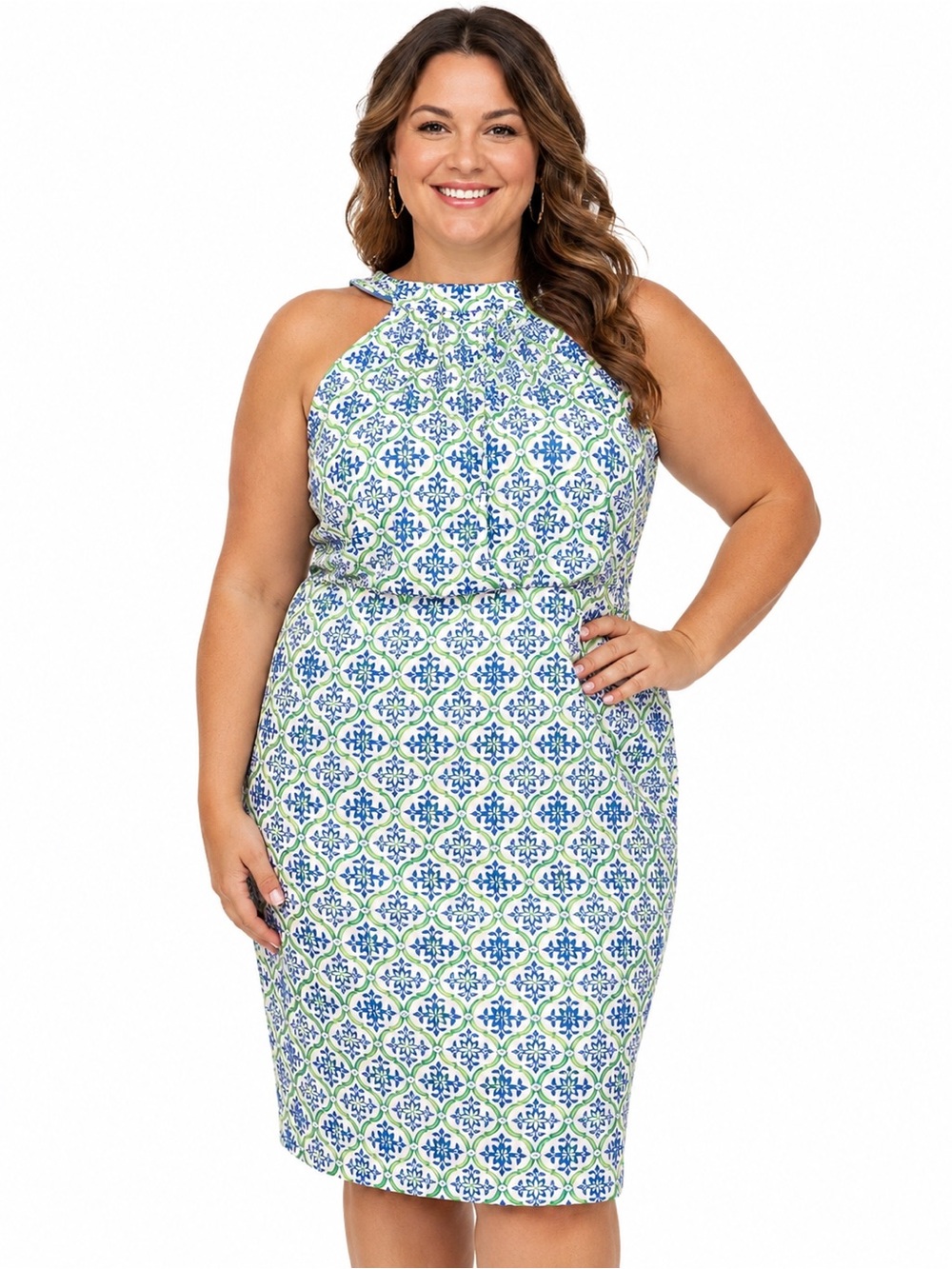 Gretchen Scott Designs Size 18 Blue Green Tile Print Halter Midi Dress